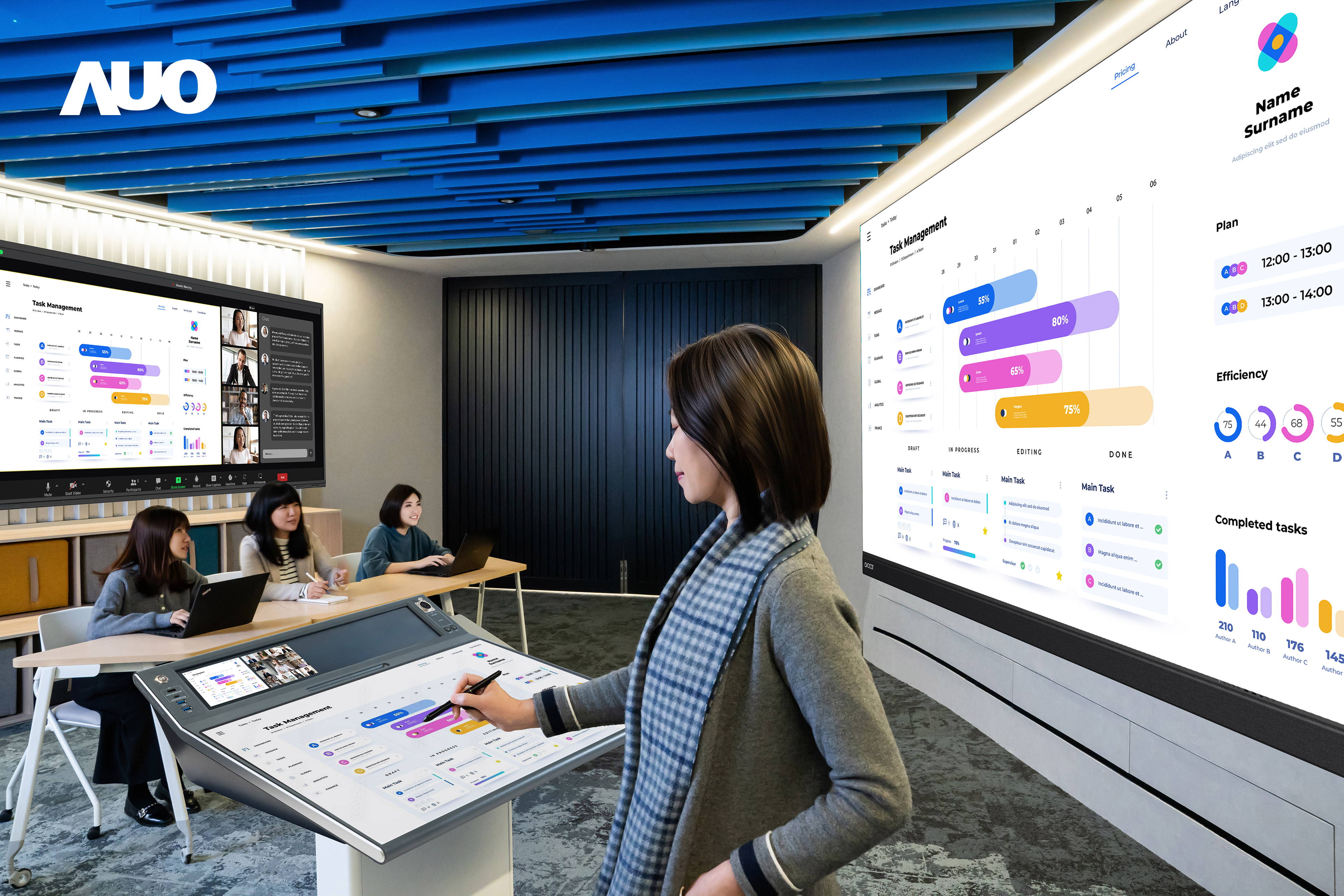 达擎携手Avocor与Rise Vision展示全方位商务领域应用，包含采用模块化设计的138吋一体式All-in-One LED显示器及具21:9超宽比例的92吋交互式电子白板（IFPD），讲者可轻松分享内容，有效提升会议协作效率。